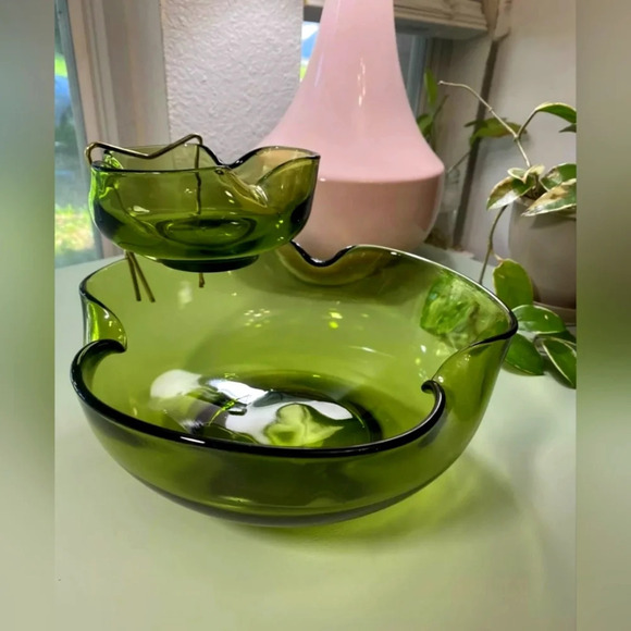 Vintage Anchor Hocking NOS Avocado green chip & dip bowl w/ clip. Original box - Picture 1 of 8